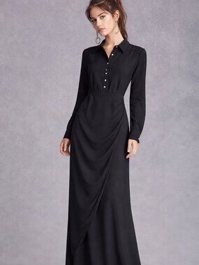 Vintage Elegant Black Long Sleeve Shirt Dress | Draped Maxi, ruched sides